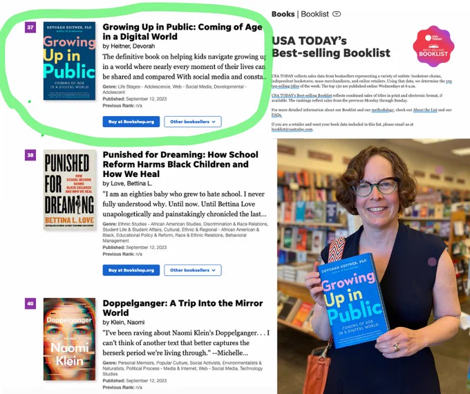 Devorah Heitner in a bookstore with Growing Up in Public and title circled on USA Today Bestseller List

