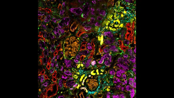 Brightly colored microscopic CODEX image of healthy human kidney cells. 