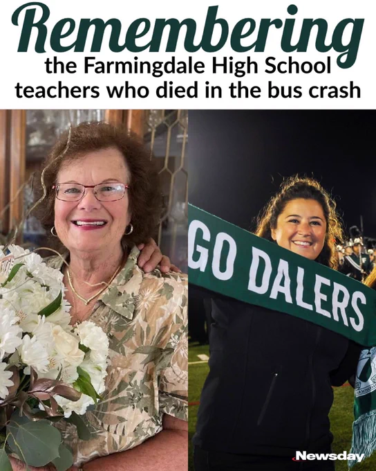Two teachers from Farmingdale High School, Beatrice Ferrari and Gina Pellettiere, died after a bus ride to band camp in Pennsylvania crashed.

Ferrari, 77, taught history at Farmingdale High School for more than 30 years; Pellettiere, 43, taught music for close to two decades.

Ferrari, whom some called the grandmother of the Farmingdale High School band, had retired but still served as a chaperone on trips; Pellettiere, who played some 20 instruments but excelled at trumpet, had led her musicians for more than a decade on trips to perform at Rockefeller Center and state and county music contests.

Those who knew both best described them as wonderful educators but even better people. Read about their lives here:  https://tinyurl.com/5b8npkhf

(Photo credit: Tony Lopez, Ferrari Family)

#longisland 