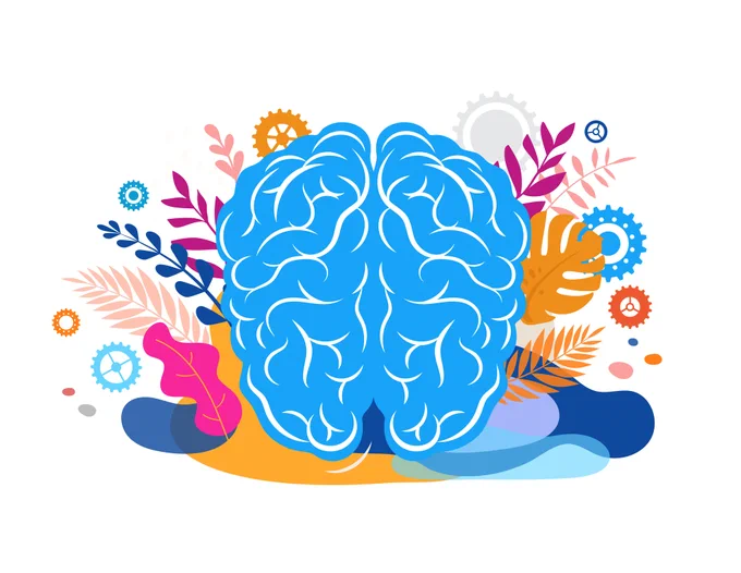 A blue brain set against a backdrop of flourishing flowers and leaves.