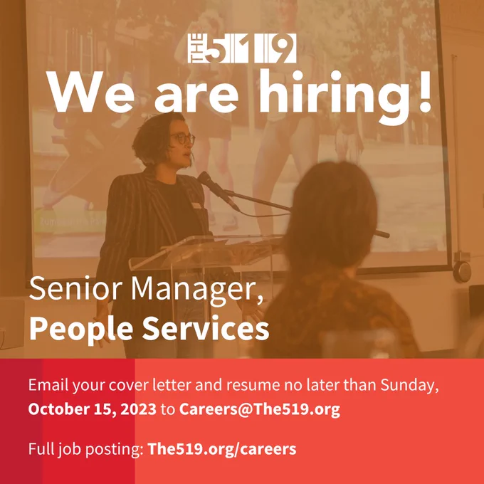 A person speaking on a mic, addressing the gathering. Text reads: We are hiring, Senior Manager, People Services.