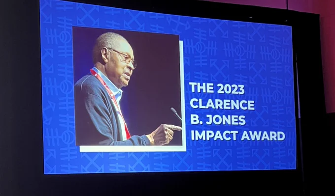 A photo of Clarence B. Jones and the text: The 2023 Clarence B. Jones Impact Award