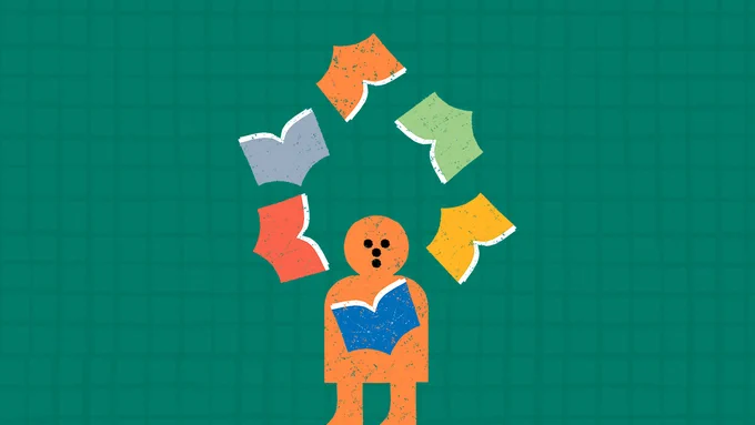 IMAGE: green checkered background, orange person in the centre holding a book and surrounded by open books
