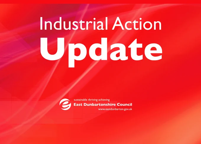White text on a red background. Text reads Industrial Action Update