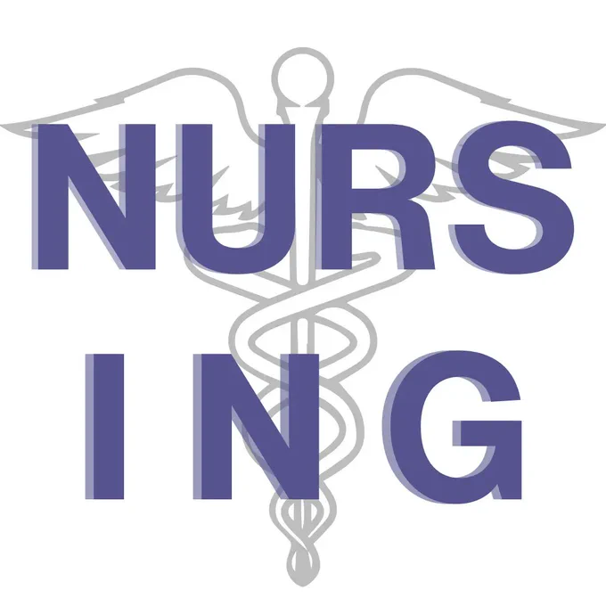 The word Nursing spelled out in purple colored letters on two lines with the symbol in grey behind it on a white background. 