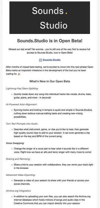 Screen capture of an email containing the announcement of open beta for sounds.studio. Contains a list of features including "stem splitting", "auto alignment", "text to audio", and more