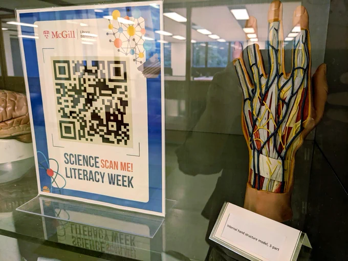 Anatomical model of a hand next to a Science Literacy Week poster.