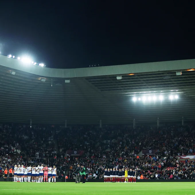 Players, officials and fans take part in a minute's silence in memory of Maddy Cusack prior to the UEFA Women's Nations League match between England and Scotland at the Stadium of Light.