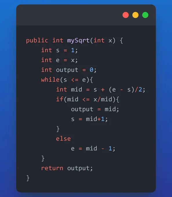 Code to find square root of number using binary search