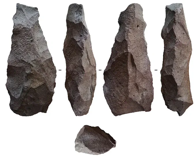 A stone biface from front, back, sides and above