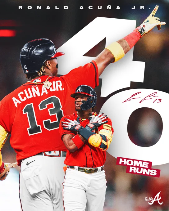 Graphic features two images of Ronald Acuña Jr: in the background, he points to the crowd, and in the foreground, he does the Ice Trae celebration. The text “40 home runs” is also seen in the background.