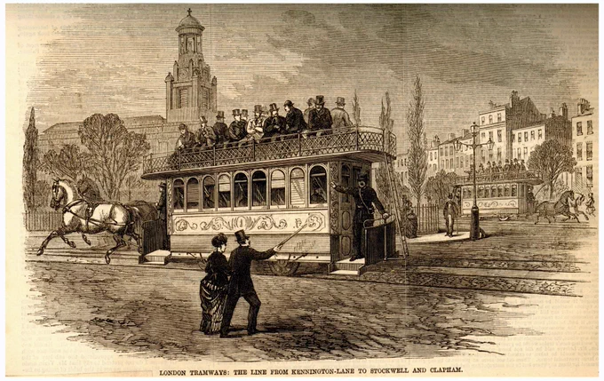 Sepia engraving of a full horse-drawn tram with the caption 'London Tramways: The Line from Kennington-Lane to Stockwell and Clapham', seen here at the Kennington turnpike. From the London Illustrated Times, published on March 5th 1870.