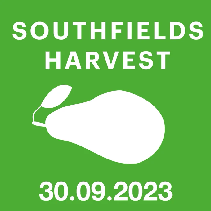 Poster of white pear on green background. Southfields Harvest 30.09.2023