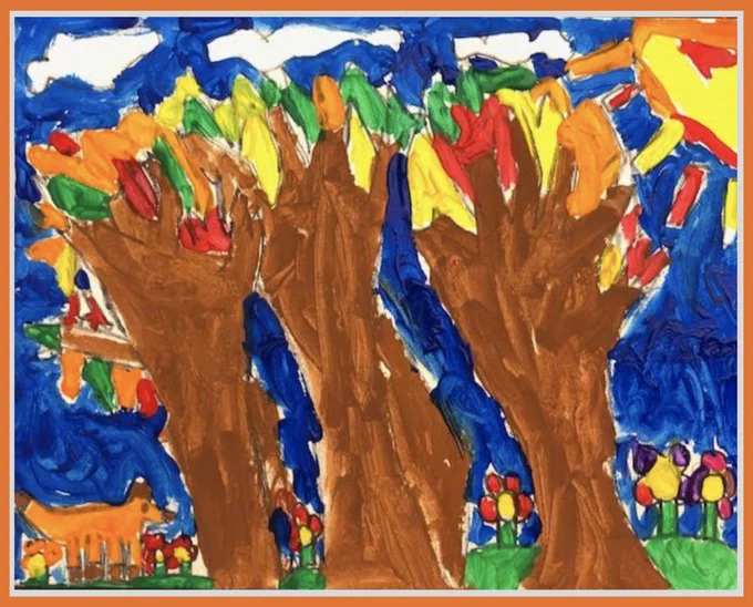 A child's painting. There is a deep blue sky with three thin white clouds and a red, yellow, and orange sun in the upper right corner. There is an orange fox with brown ears, paws, and a brown-tipped tail in the bottom left corner. There are three large trees in the foreground with some green leaves and mostly orange, red, and yellow leaves. In the background there are small flowers with yellow centers.