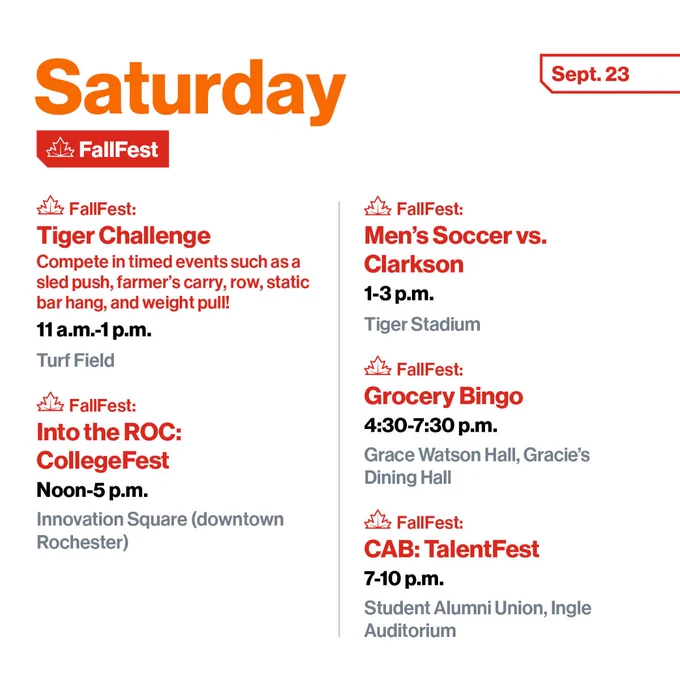 Saturday, Sept. 23
FallFest:
Tiger Challenge
Compete in timed events such as a sled push, farmer's carry, row, static bar hang, and weight pull!
11 a.m.-1 p.m.
Turf Field

FallFest:
Into the ROC: CollegeFest
Games, food, entertainment, and more
Noon-5 p.m.
Innovation Square (downtown Rochester)

FallFest:
Men’s Soccer vs. Clarkson
1-3 p.m.
Tiger Stadium

FallFest:
Grocery Bingo
4:30-7:30 p.m.
Grace Watson Hall, Gracie’s Dining Hall

FallFest:
CAB: TalentFest
7-10 p.m.
Student Alumni Union, Ingle Auditorium

