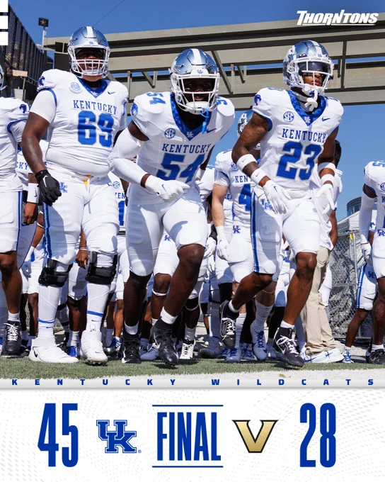 Final score graphic:  Kentucky 45, Vanderbilt 28. Pictured; Kentucky taking the field