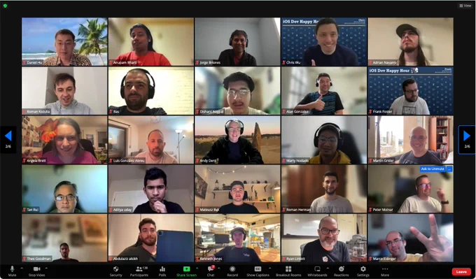 Screenshot of iOSDevHappyHour zoom event attendees