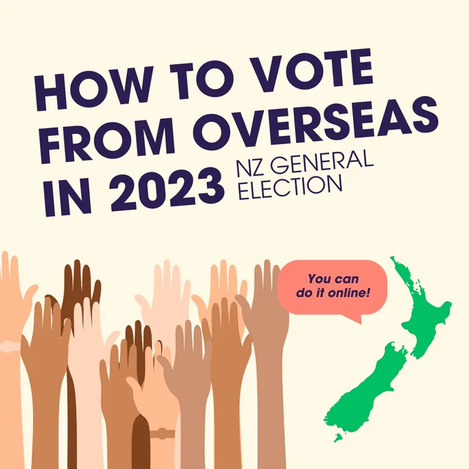 "How to vote from overseas in 2023: NZ General Election" with a speech bubble saying "You can do it online!", plus an image of the map of NZ and a crowd of raise hands.