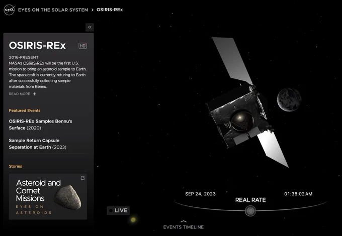 A web application shows a simulated view of a spacecraft with solar panels in space with the crescent Earth nearby. Text describes the OSIRIS_REx mission's goals. 