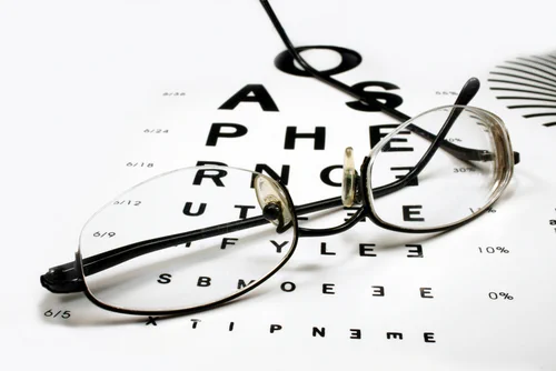 A pair of glasses on an eye test board