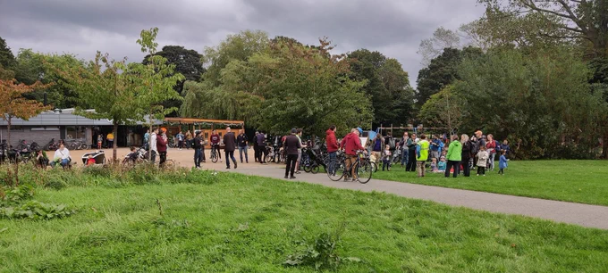 A view of Exhibition Park full of bikes and people who had just arrived on the Newcastle Kidical Mass Ride