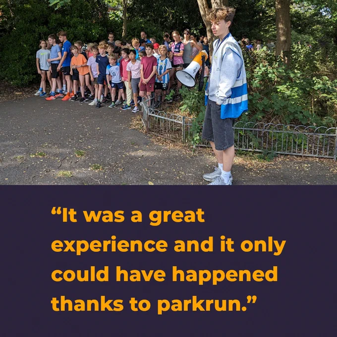 Image of Oscar run directing at junior parkrun with the following quote below the image in a text block - “It was a great experience and it only could have happened thanks to parkrun.”