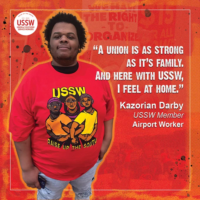 Alt text: A picture of Kazorian Darby, USSW member, with a red and orange background next to the quote: "A union is as strong as it's family. And here with USSW, I feel at home."