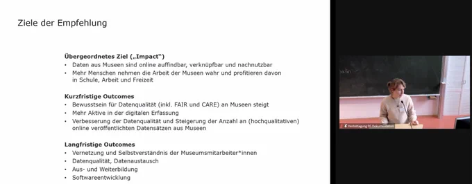 Screenshot: Slide “Ziele der Empfehlung” und rechts daneben der Videofeed mit der Vortragenden.