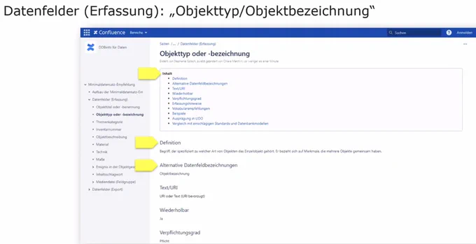 Screenshot: Slide “Datenfelder (Erfassung): Objekttyp/Objektbezeichnung”