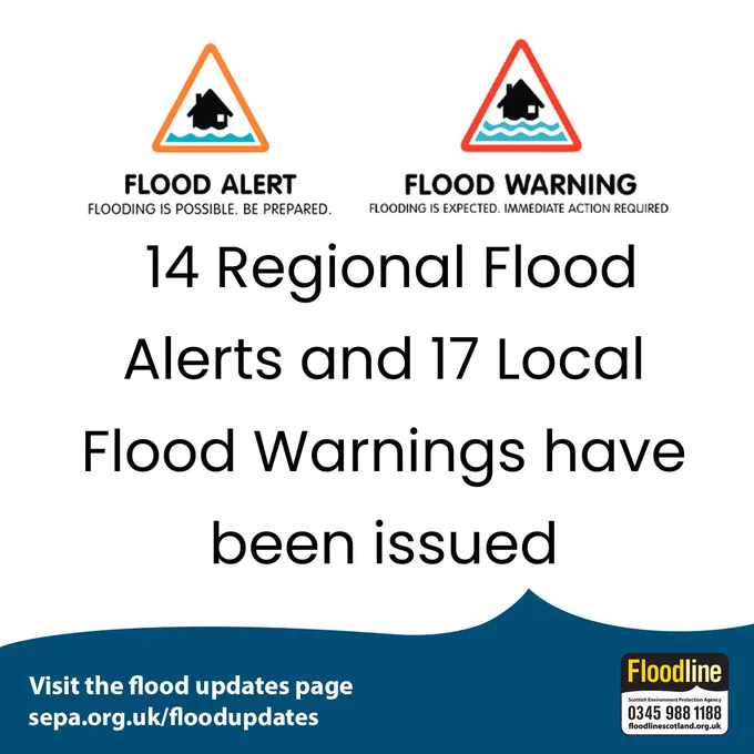 Text reads 14 Regional Flood Alerts & 17 Local Flood Warnings are in place. Visit the flood update page at sepa.org.uk/floodupdates Floodline 0345 988 1188