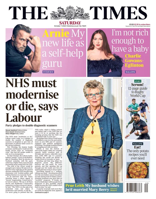 Times front page with headline: NHS must modernise or die, says Labour

Party pledges to double diagnostic scanners