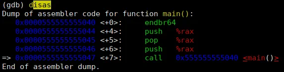 gdb disassembly output showing code for main function that basically calls itself, which is UB and causes segfault.