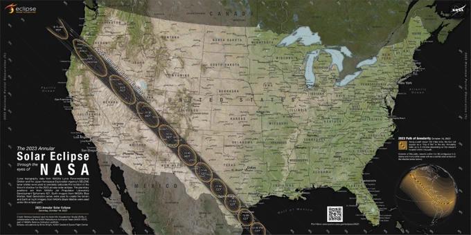 A map of the continental United States, depicting where the annular solar eclipse of 2023 can be seen. A thick gray line with orange circles stretches from Oregon to Texas, depicting where and when the "ring of fire" can be seen; thinner lines parallel to it show where a partial solar eclipse will be visible. Credit: NASA's Scientific Visualization Studio 
