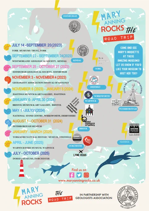 An advertising poster for the Mary Anning Rocks Road Trip showing a stylised map of Great Britain with the towns and cities where the Mary Anning statue maquette will be travelling to and residing in 2023 and 2024 as it tours around country visiting museums and geological institutions. Great Britain is coloured in pale grey surrounded by pale blue and white sea. In the sea are cartoons of extinct marine reptiles. The road trip locations are listed on the left hand side in colourful blue, yellow, red and pink letters and the locations are marked on the map by logos of each institution