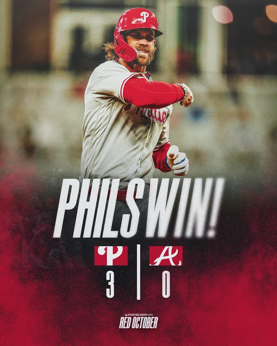 Phils win! Final Score graphic: Phillies 3, Braves 0. Photo is of Bryce Harper celebrating after hitting a home run. He’s wearing the grey Phillies uniform.