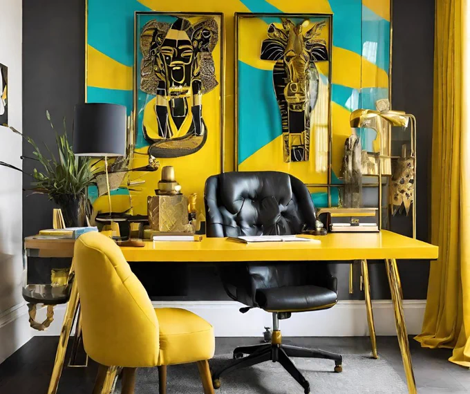 turquoise, yellow and black office with black and yellow, African art work on the wall
