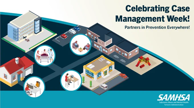 Illustration of a community with a hospital where a case manager is meeting with a patient and their family member, a school where a case manager is meeting with a student, a clinic where a case manager is working at their desk, and a home where a case manager is meeting with a client. Text reads, “Celebrating Case Management Week! Partners in Prevention Everywhere!” The SAMHSA logo is at the bottom right corner. 
