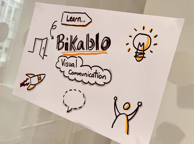 Poster with sketches which reads ‘Learn bikablo, visual communication’. Poster includes sketches of a light bulb, rocket and people cheering.