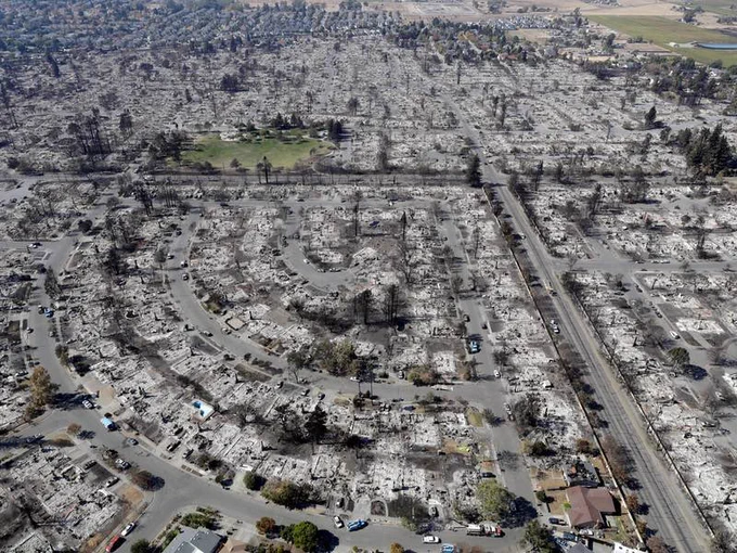 Aerial photo showing the destruction from the 2017 Tubbs Fire.