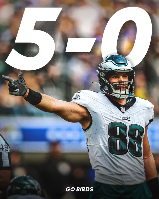 5-0 graphic with a photo of Dallas Goedert pointing after a first down. 