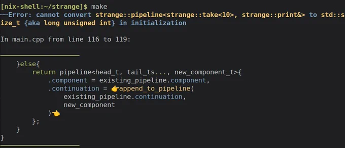 GCC error parsed by python, output as markdown, and pretty printed with mdcat, with silly finger emojis pointing to the erroneous region.