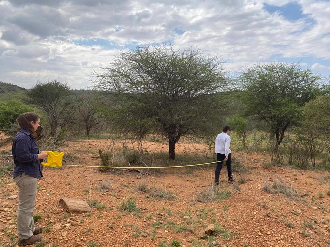 Three female students in the field collecting data for their research projects.