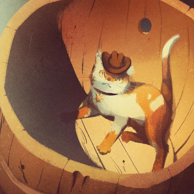 A surprised looking calico cat with a little cowboy hat and collar with a sheriffs badge inside a barrel, looking like it was suddenly interrupted by you looking in on it. I bet its feet make soft little pap sounds against the wood 