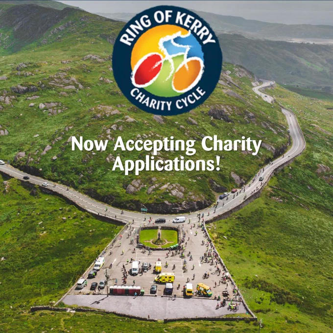 Aerial photograph of cyclists taking part in the Ring of Kerry Charity Cycle with text that says 'Ring of Kerry Charity Cycle: Now Accepting Charity Applications'