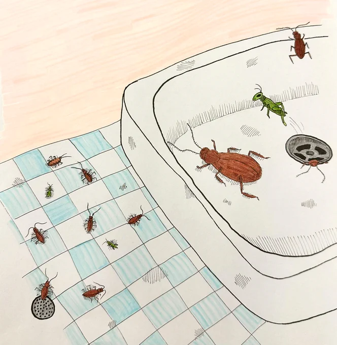 Drawing shows bugs inside of a white sink and scattered around the blue and white, tile bathroom floor. Photo by Kenzie Azbill.