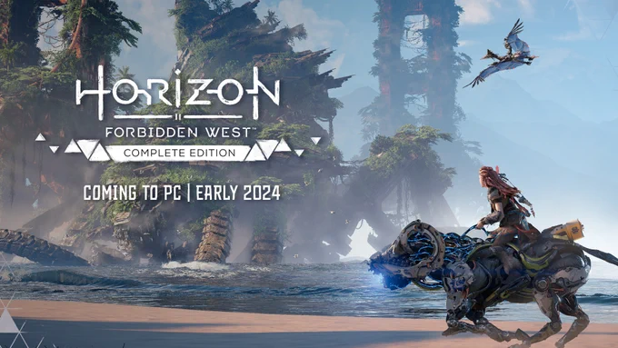 Horizon Forbidden West key art of Aloy riding an overridden Charger, looking towards the waters with an inactive Horus and Golden Gate Bridge visible in the background. Horizon Forbidden West Complete Edition logo. Coming to PC, early 2024.