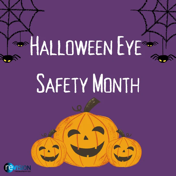 On a purple background, three smiling Jack-o'-lanterns are in the middle of the image, with four spiders hanging off of two webs in the top corners. The white text says, “Halloween Eye Safety Month.”
