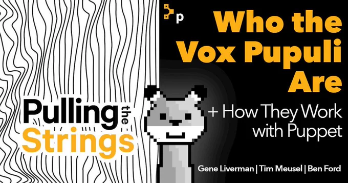 A graphic image promoting an episode of Pulling the Strings, the Puppet podcast. A smiling pixelated fox is positioned in the middle of the image. Text reads: "Pulling the Strings - Who the Vox Pupuli Are   How They Work with Puppet - Gene Liverman | Tim Meusel | Ben Ford"