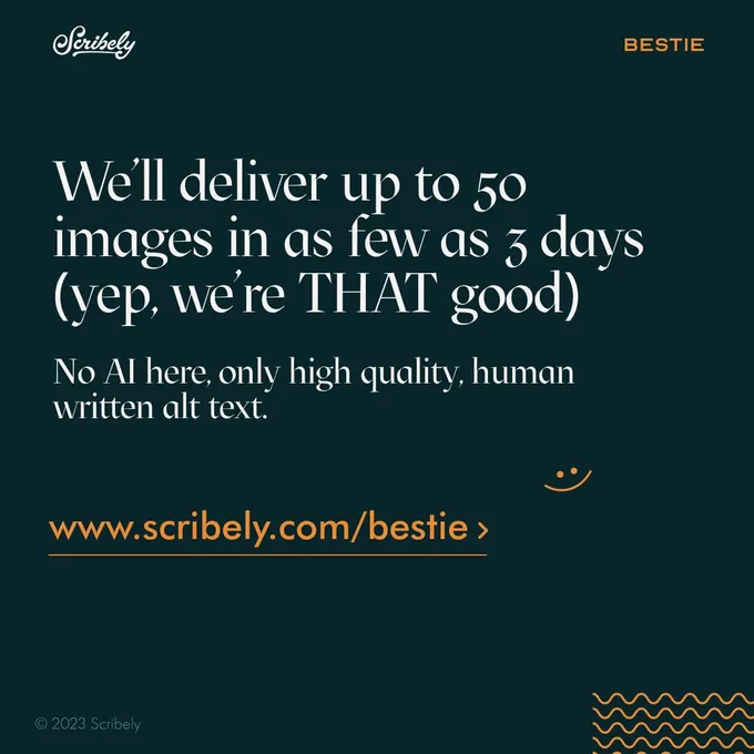 Third image reads, “We’ll deliver up to 50 images in as few as 3 days (yep, we’re THAT good). No AI here, only high quality, human written alt text. www.scribely.com/bestie”