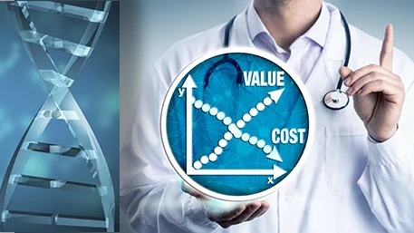 A doctor holding a graph of value vs cost with a double helix